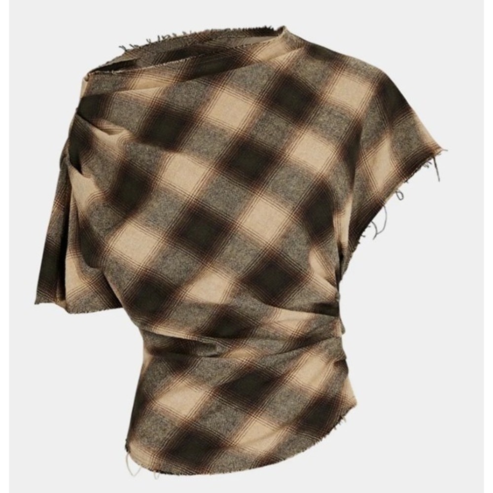 Plaid Asymmetric Short-Sleeve Blouse - Beige/Brown